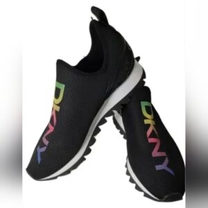 DKNY Abbi Black Slip-On Sneakers with Rainbow Logo Size 8 Like New MSRP $119